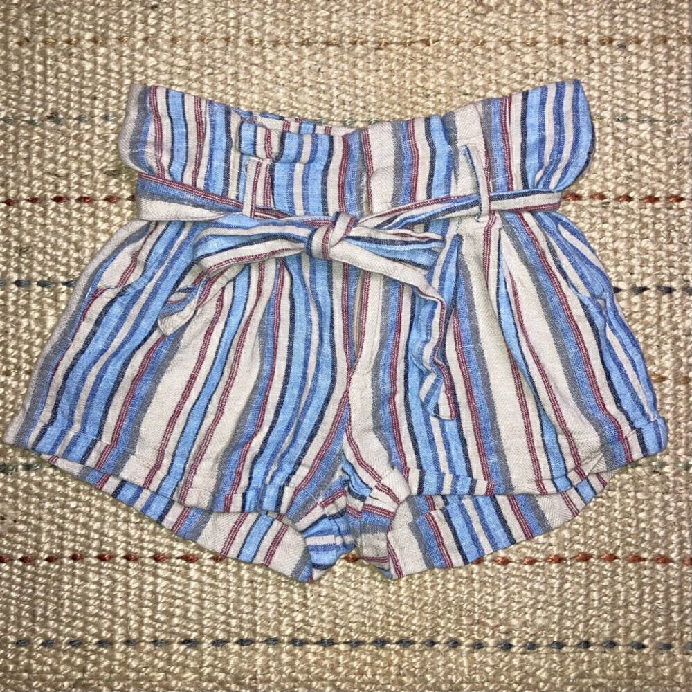 Sky & Sparrow, Linen Blend Boho Striped Shorts, Belted Tie, Juniors Small Beachy